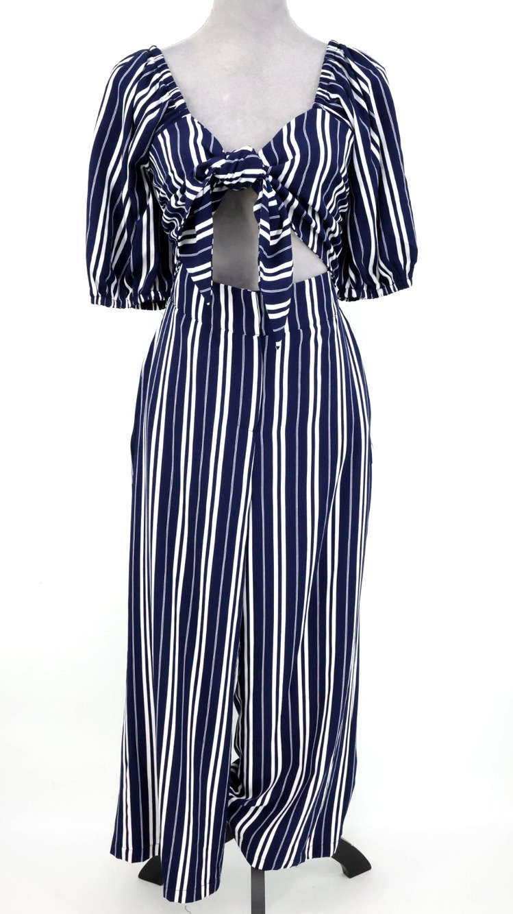 SugarLips Jumpsuit Womens Medium New Navy Blue White Wide Leg Bare Midriff
